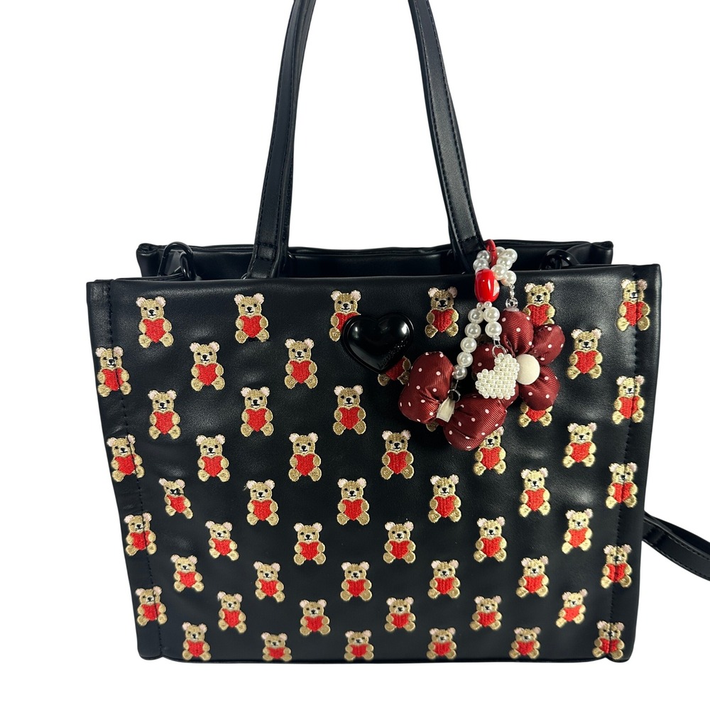 Betsey Johnson Tote Bag Women Black Embroidered Teddy Bear Heart Crossbody